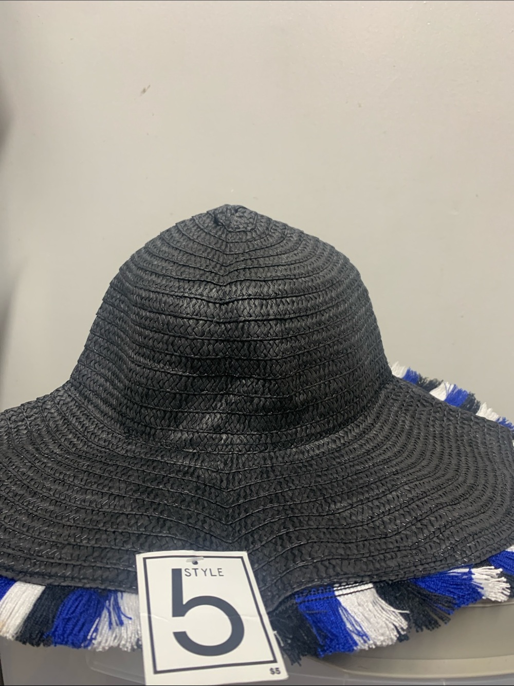 Wide-Brim Black Straw Hat with Blue & White Fringe Trim